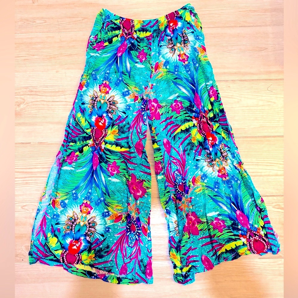 Luli Fama Turquoise Tropical Print Wide Leg Pants with Pink & Green Accents - Picture 3 of 7